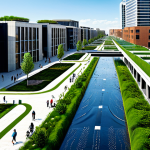 A vibrant, modern cityscape demonstrating advanced urban water management. Futuristic buildings with integrated green roofs and rainwater harvesting systems seamlessly blend with parks featuring permeable pavements and bioretention areas. Clean, flowing water is visible in designed channels and retention ponds under a clear sky. The scene evokes sustainability and innovation, showcasing a harmonious balance between urban development and natural water cycles. Professional photography, high resolution, soft natural light, safe for work, appropriate content, fully clothed, professional, family-friendly, perfect anatomy, correct proportions, natural pose.