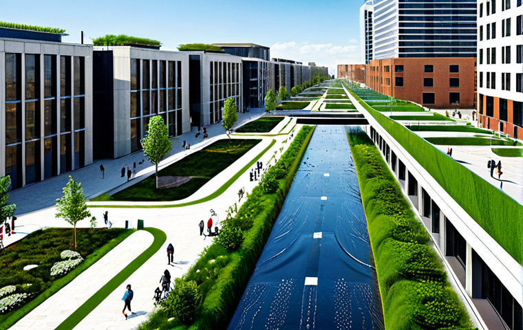 A vibrant, modern cityscape demonstrating advanced urban water management. Futuristic buildings with integrated green roofs and rainwater harvesting systems seamlessly blend with parks featuring permeable pavements and bioretention areas. Clean, flowing water is visible in designed channels and retention ponds under a clear sky. The scene evokes sustainability and innovation, showcasing a harmonious balance between urban development and natural water cycles. Professional photography, high resolution, soft natural light, safe for work, appropriate content, fully clothed, professional, family-friendly, perfect anatomy, correct proportions, natural pose.